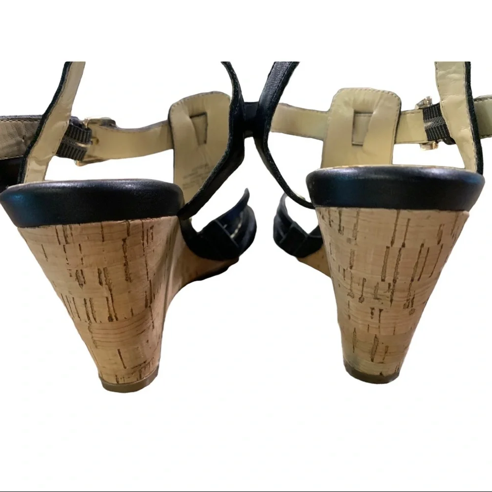 Isaac Mizrahi Live Wedge Sandal Black Leather Cork Heel 7 1/2 W
